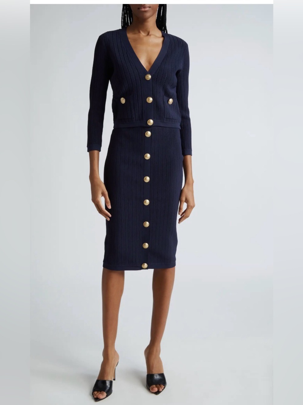 L'AGENCE Navy Pointelle Knit Cardigan and Skirt Set with Gold Buttons Size XS
